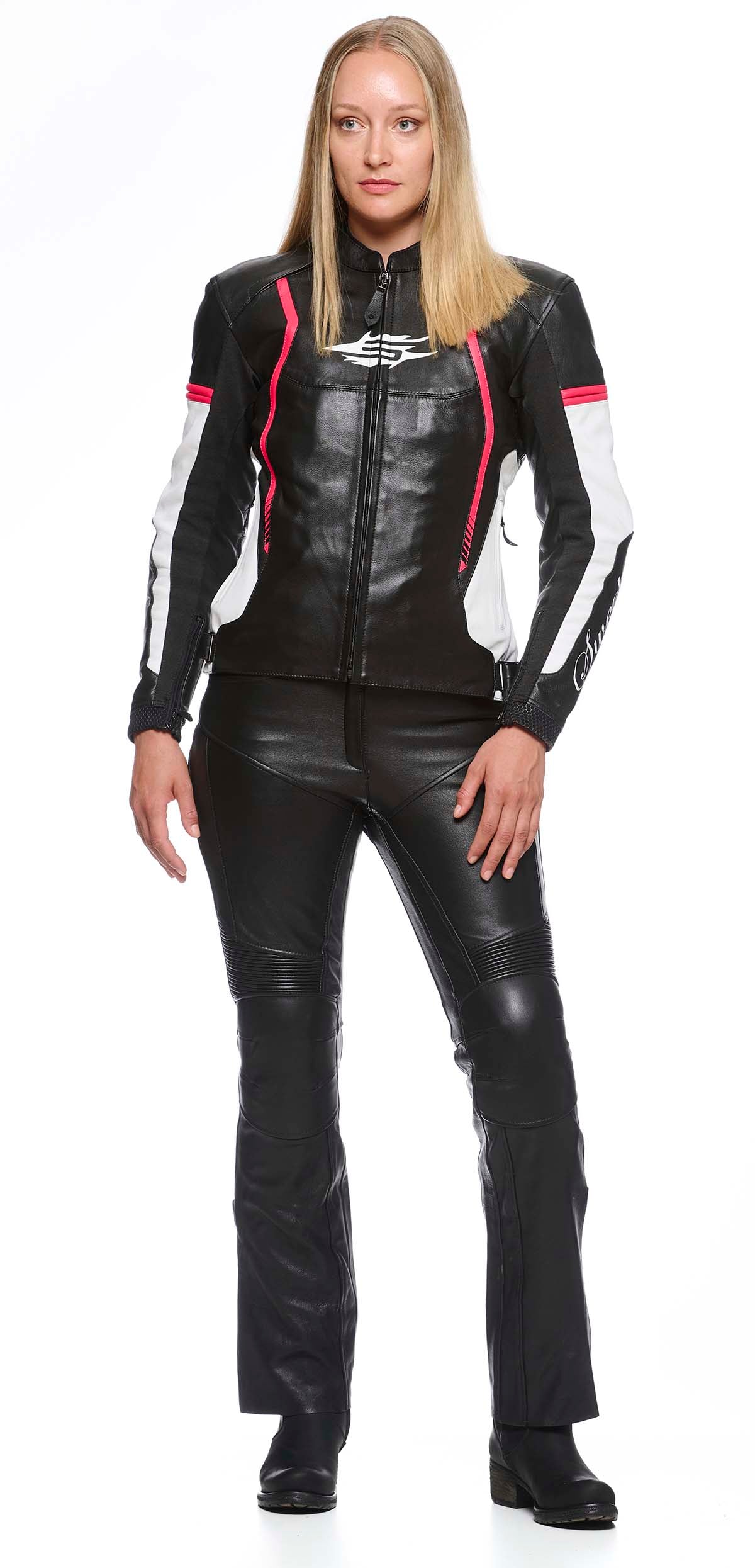Sweep Chicane 2 ladies leather jacket, black/white/pink