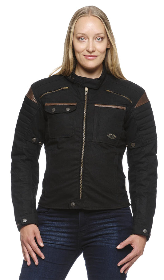 Sweep Chief ladies waterproof waxed mc jacket, black/brown