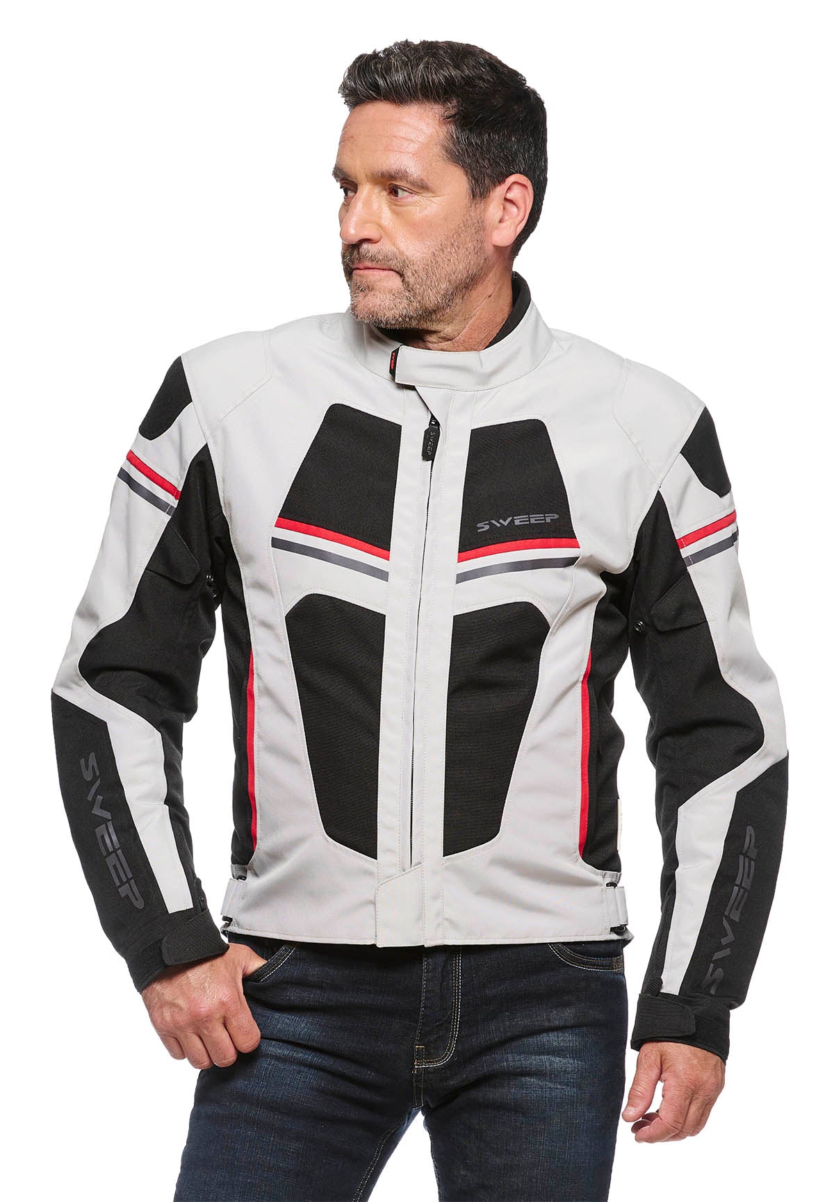 Sweep Spirit waterproof textile jacket, grey/black/red