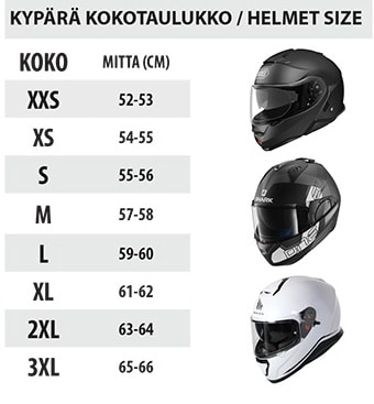 size chart helmets table